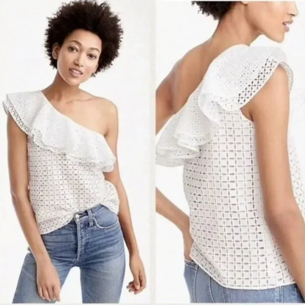 J. Crew White One-Shoulder Ruffle Eyelet Cotton Top Size 2